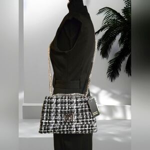 BADGLEY MISCHCA Black White Tweed Evening Crossbody NWT $149
